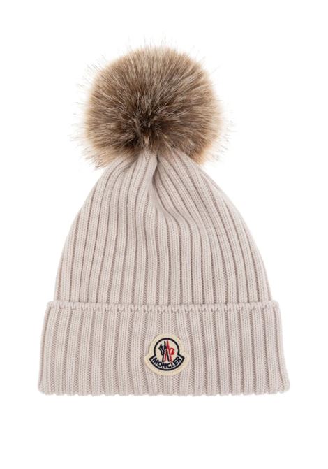 Berretto In Lana Ultra Fine a Costine Avorio Con Pompon MONCLER ENFANT | 954-3B00011 A9327216